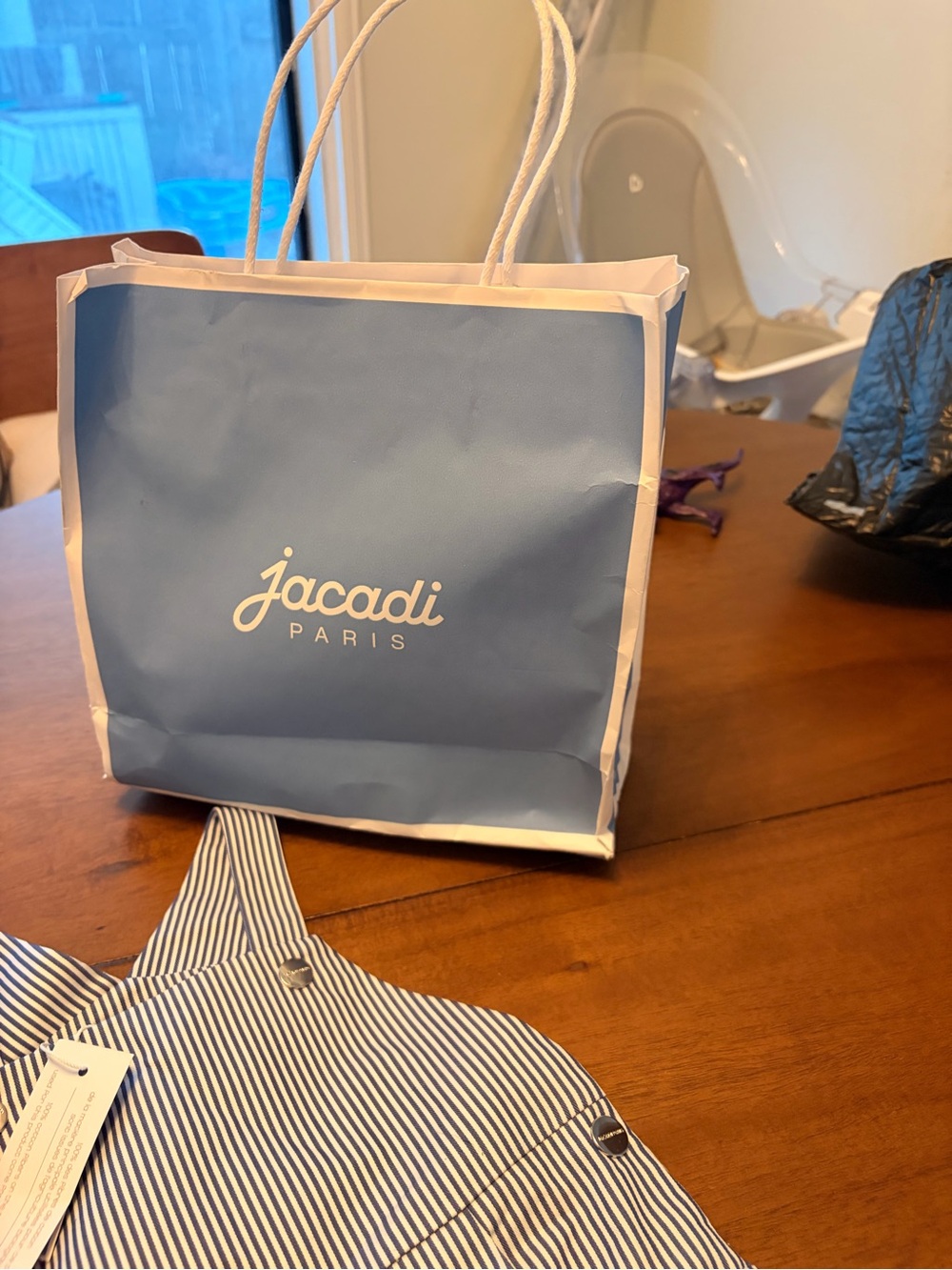 Jacadi Blue and White Pinstripe Baby Overalls - Picture 2 of 5